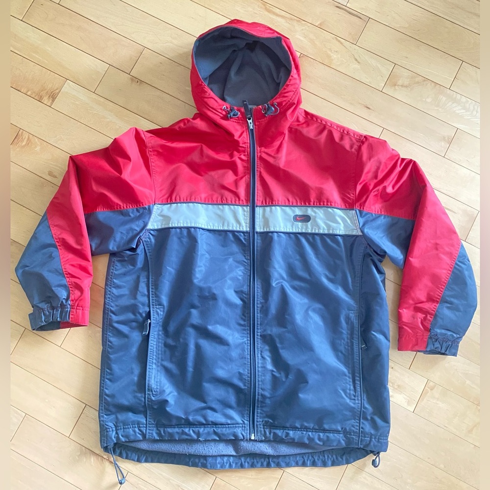 VTG Mens NIKE Red Colorblock Windbreaker Jacket L Full Zip Fleece Lined 56323